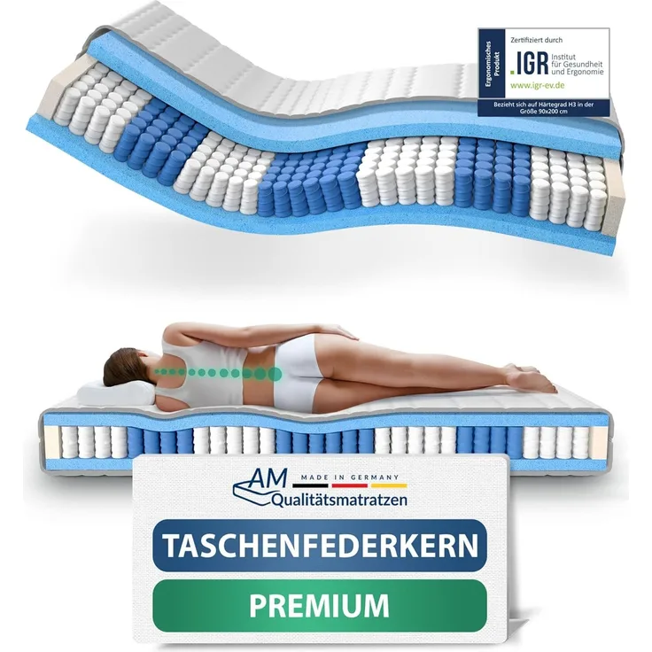 AM Qualitätsmatratzen Hochwertige 7-Zonen Taschenfederkernmatratze 90x200 cm - 24 cm Premiumhöhe - Tonnentaschenfederkernmatratze 90x200 cm - H4