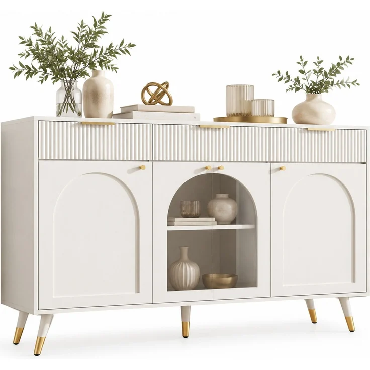 DESVIAE Sideboard Weiß aus MDF/Spanplatte – 140x85,5x40 cm – 4 Türen, 3 Schubladen – Bild 7