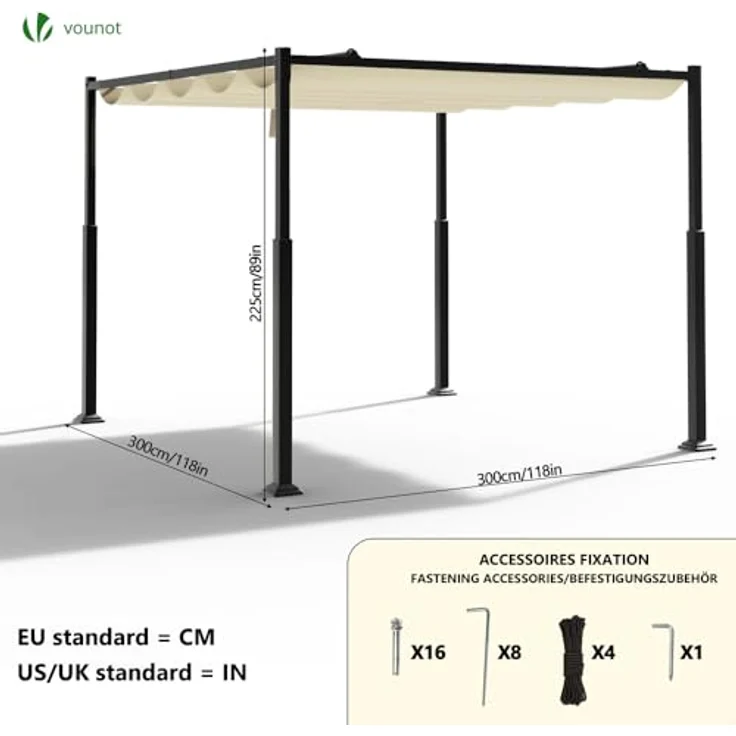 VOUNOT® Pergola Gartenpavillon 3x3 m Wasserdicht Stabil Winterfest, Metall Garten Pavillon mit freistehender Terrassenüberdachung, Sonnenschutz für Garten, Terrasse & Balkon, Dunkelbeige – Bild 4