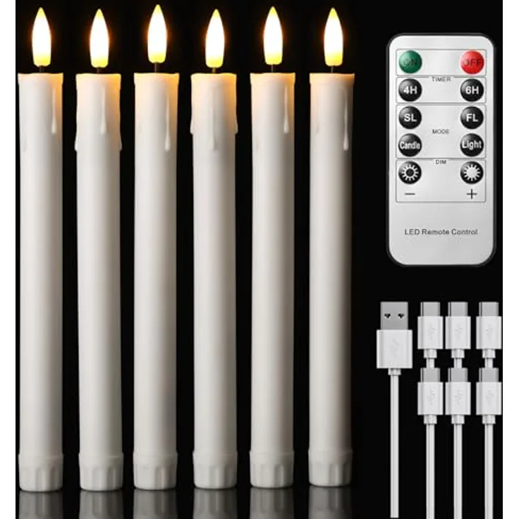EXTSUD 6er LED Stabkerzen Wiederaufladbare LED Stabkerzen mit Timer und Fernbedienung Weicher Silikon Wachskern, Einzigartiges Tranen-Design LED Kerzen fur Zimmer Hochzeit Esstisch und Gartenparty