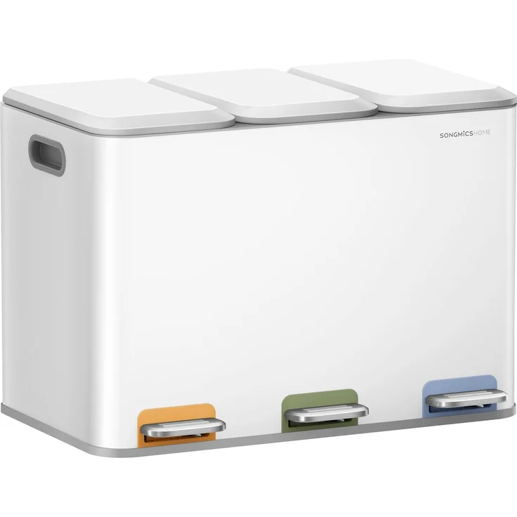 SONGMICS HOME Mülleimer Küche, 3x15 L Fächer, Abfalleimer mit farbcodierbaren Pedalen, Mülltrennsystem, mit Deckeln und Inneneimern, Stahl, wolkenweiß LTB740W02V1