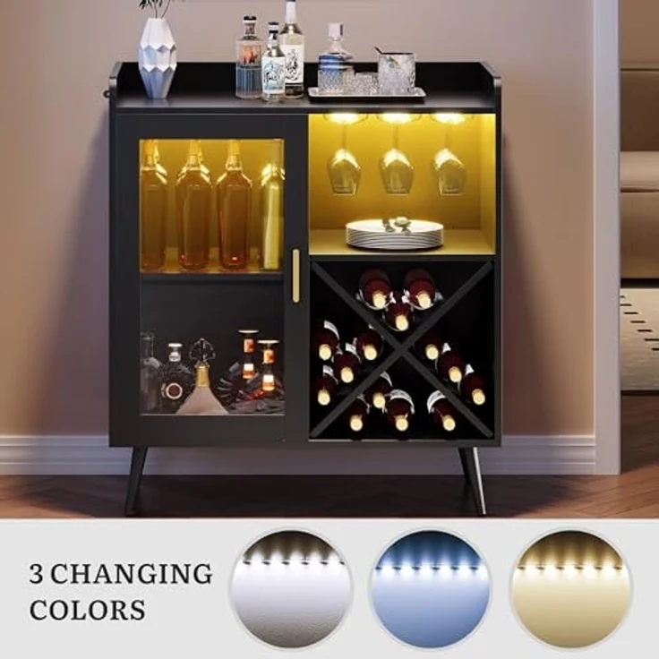 YITAHOME Kleiner Barschrank mit LED-Lichtern, Acryltür & Weinregal, Kaffeebar mit Getränkehaltern, Sideboard für Hausbar, Esszimmer, Wohnzimmer oder Küche, Schwarz – Bild 6