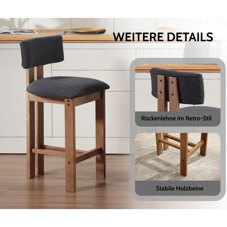 WAHSON OFFICE CHAIRS Barhocker Barhocker 2er Set Leinen Barstuhl aus Holz mit lehne für Küche/Bar – Bild 4