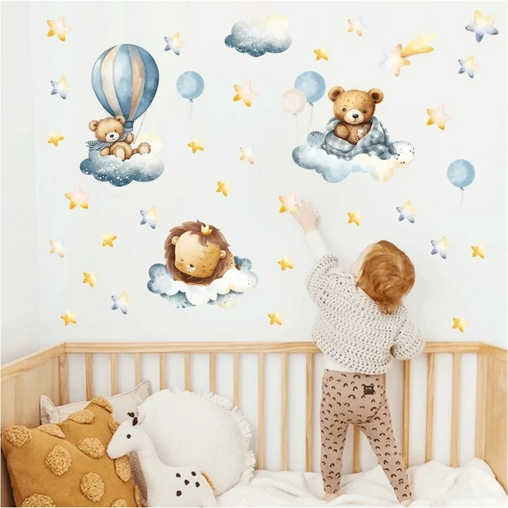 Montegoni Wandtattoo Kinder Wandsticker (Wandsticker mit Luftballon Löwe Bär Wolke Sterne Wandsticker, Kinderdeko, Kindergarten), Wandtattoo mit wildtieren für kinderzimmer, Babyzimmer – Bild 3
