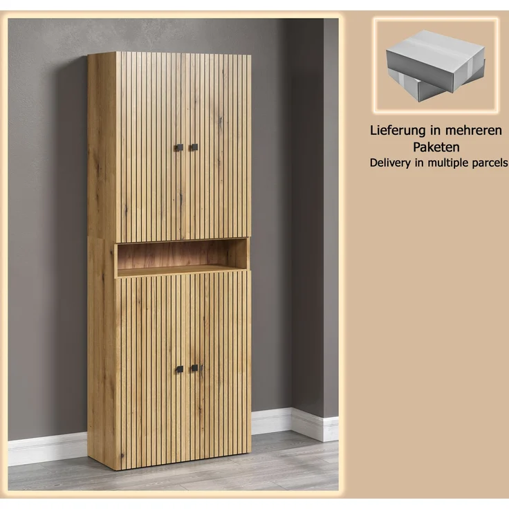 trendteam smart living - PureBliss - Waschbeckenunterschrank - Eiche - Waschtisch mit 3 offenen Fächern - (BxHxT) 90 x 91 x 53 cm - Rillenoptik - edle Metallgriffe - 60 cm Aufsatzwaschbecken – Bild 8