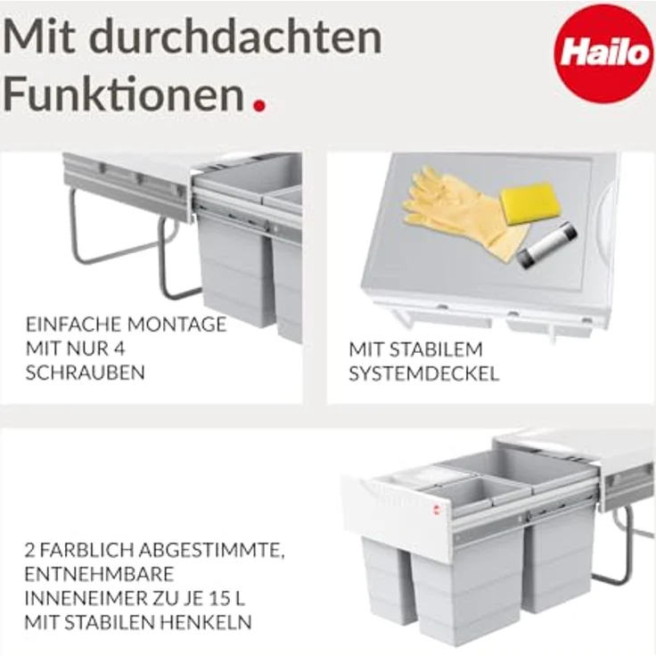 HAILO 3642-13 Abfallsorter 35 (18 + 2x8,5) Liter RAUMSPAR TANDEM ab 40 cm Schrankbreite – Bild 5