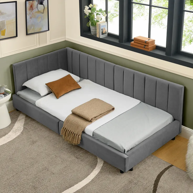 Einzelbett, hautfreundliches Samtdesign mit hoher Rückenlehne, geeignet für Kinderzimmer und Gästezimmer, Samt, Dark Gray, 90 x 200 cm