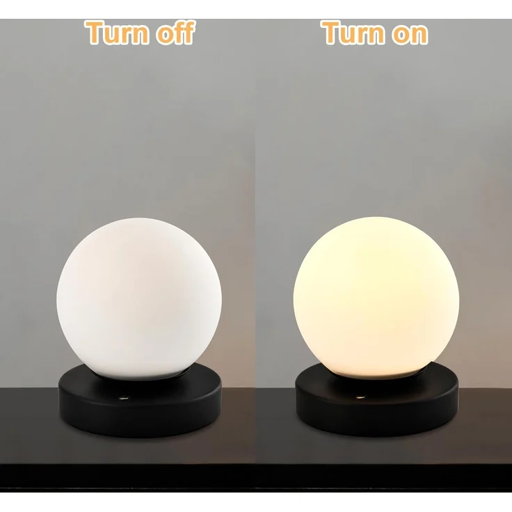 LQWELL Nachttischlampe Nachttischleuchte, Tischlampe Tischleuchte, 3 Dimmstufen USB Wiederaufladbar, LED fest integriert, Warmweiß, Touch Beistelltischlampe Leselampe Kugel Glas – Bild 3