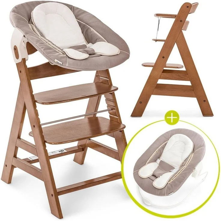 Hauck Hochstuhl Alpha Plus Walnut - Newborn Set (Set, 4 St), Holz Babystuhl ab Geburt mit Aufsatz für Neugeborene höhenverstellbar – Bild 1