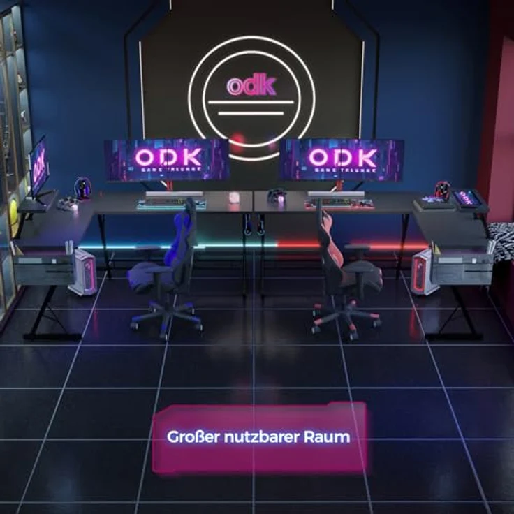ODK Gaming Tisch, Computertisch, Gaming Schreibtisch mit runder Ecke, Gaming-Tisch mit Monitorablage (Kohlefaser Schwarz, 167x120 cm) – Bild 9