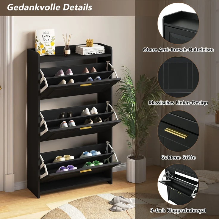 Schuhschrank 70x24x120 cm schwarz 2 Klapptüren 6 Fächer Ablagefläche – Bild 7