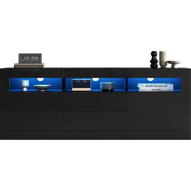 Merax 160*35*60cm Hochglanz-TV-Schrank mit LED-Beleuchtung, 3 offenen Fächern, 2 Türen, 2 Schubladen, Smart App Steuerung, für 70-Zoll-Fernseher, Hochglanz-TV-Ständer, Schwarz – Bild 10