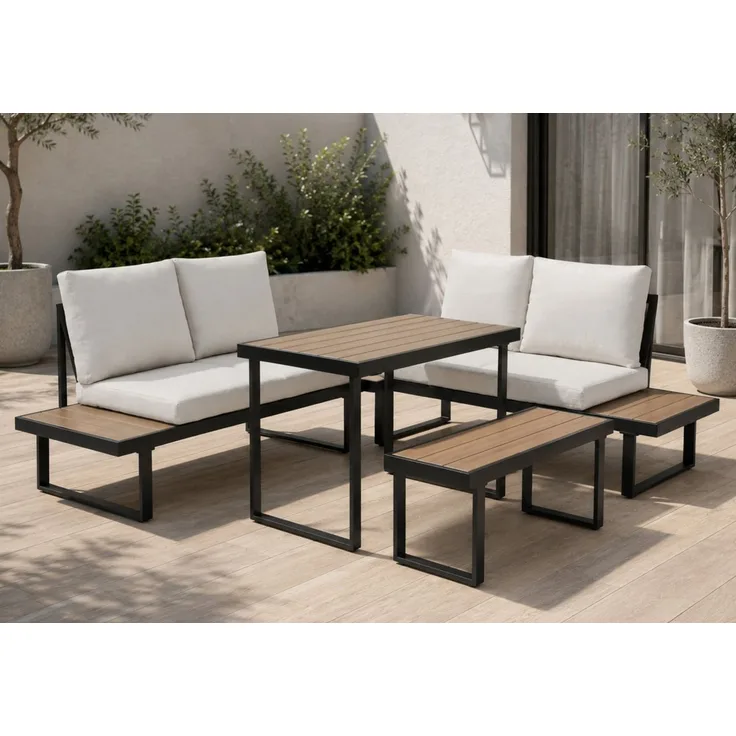Home Collective Gartenlounge-Set Balkonmöbel Lounge Möbel Outdoor Terrassenmöbel Sitzgruppe mit Tisch, (4-teiliges Set mit Ecksofa, 1 Bank und 1 Tisch 110 cm, inkl. abziehbarer Kissen), robustes Polywood in Eiche/Schwarz, Kissen in beige