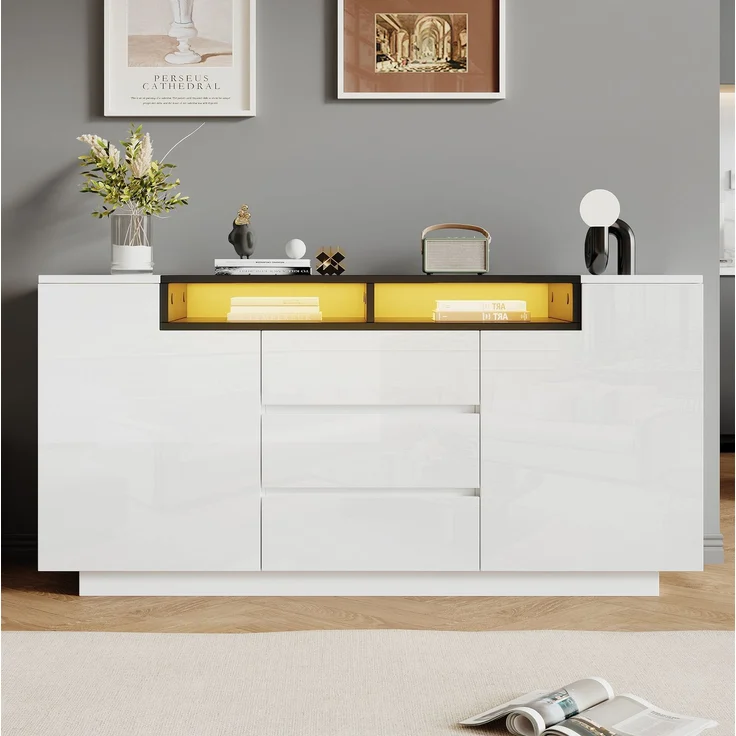 DESVIAE Sideboard mit LED-Beleuchtung und 3 Schubladen 140x68x40 cm Spanplatte Weiß/Schwarz – Bild 3