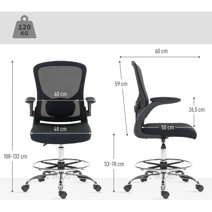 MELAYR, Zeichenstuhl mit Lendenstütze, höhenverstellbar, drehbar, für Homeoffice, Studio, 60 x 60 x 132 cm, Schwarz – Bild 5