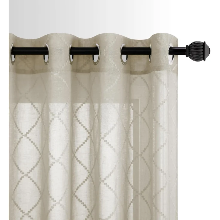 KOUFALL Transparente Vorhänge für Wohnzimmer, klassisches Besticktes Wellen-Diamantmuster, Fensterdekorationen in Leinenoptik, preiswerte Ösenvorhänge für Schlafzimmer, Braun, 244 cm lang, 2er-Set