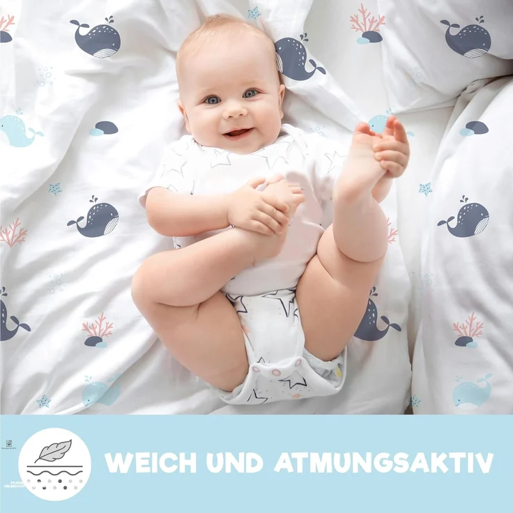 2X Spannbettlaken aus 100% Baumwolle mit Gummiband - 1X Matratzenschoner aus 100% wasserdichtem Material - 3er-Set - 50x83 cm - Ozean – Bild 6