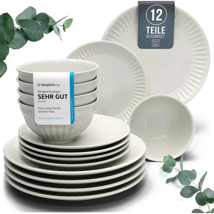 Steingut Geschirrset 4 Personen Hygge 12 tlg. TESTSIEGER, Traumhaftes Skandinavisches Steingut Geschirr Set, Schüssel- und Teller Set, Tafelservice 4 Personen, Geschirrsets Pure Living in Beige