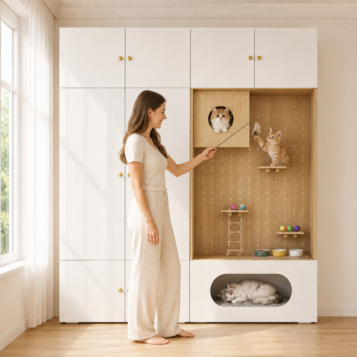 Wohnora-Kleiderschrank, Garderoben-Set Garderobe, Haustierschrank, 180 x 50 x 200 cm, mit 1 Kleiderstange, Katzenkletterwand und Haustierkissen, für Schlafzimmer, Wohnzimmer und Flur, Weiß+Holzoptik,H 200cm x T 180cm x B 50cm – Bild 4
