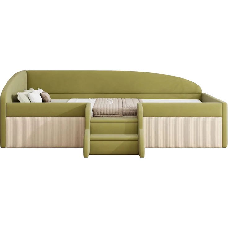 Kinderbett 90×190 cm mit Samt,Colorblock-Design,Schutzgitter & rutschfesten Stufen,gepolstertes Juniorbett,Dunkelgrün & Cremeweiß – Bild 3