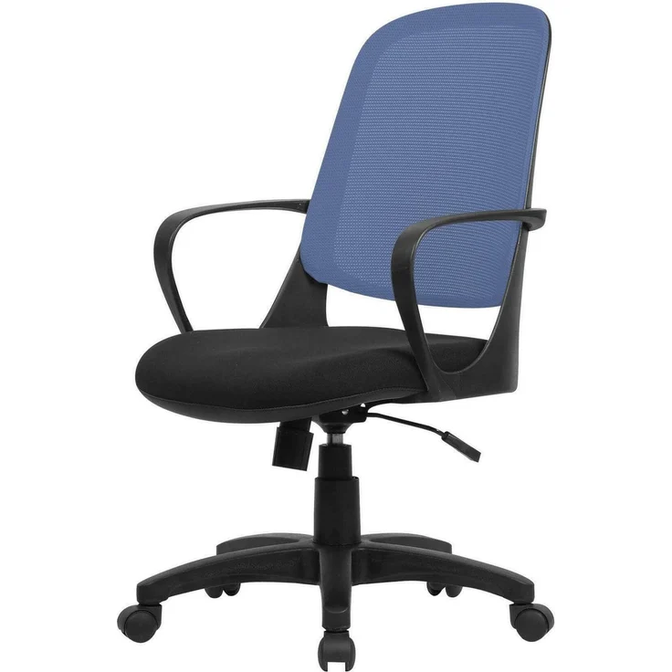 Dmora - Stuhl mit Rädern Coffs, Netzarbeitsstuhl mit Armlehnen, ergonomischer Bürositz, 61 x 60 x 99/108 cm, Schwarz und Blau