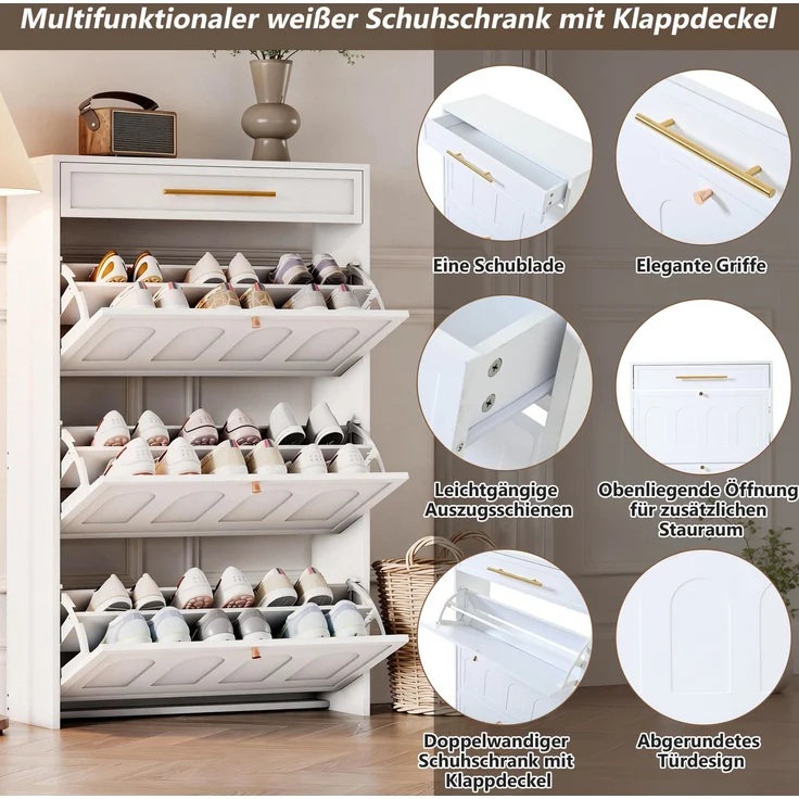 Schuhschrank 70 x 25 x 123,5 cm mit 6 offenen Fächern und 1 Schublade in Weiß – Bild 10