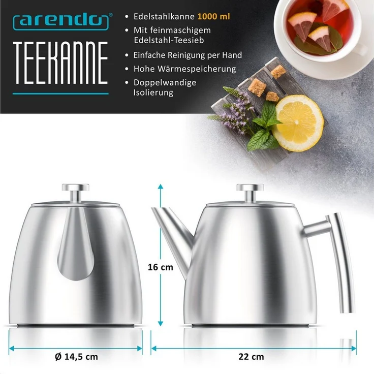Arendo Teekanne Edelstahl, Siebeinsatz, 1000 ml, mit Griff aus Metall, Isolierkanne, 1 l, (Set, 2-St, Siebeinsatz für losen Tee), Doppelwandige Thermo Isolierung, Kanne mit Teesieb für losen Tee – Bild 2