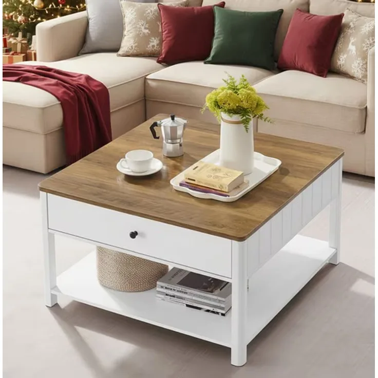 Vasagle Couchtisch mit 2 großen Schubladen, Holz walnussbraun / weiß, 45 x 80 x 80 cm