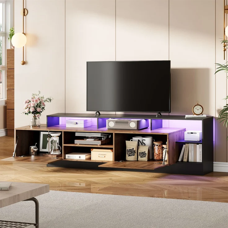TV-Schrank in Holz & Schwarz,mit 2 herunterklappbare Türen, offene mittige Schubladen, LED-Fernbedienung 16 Farben 4 Modi – Bild 3