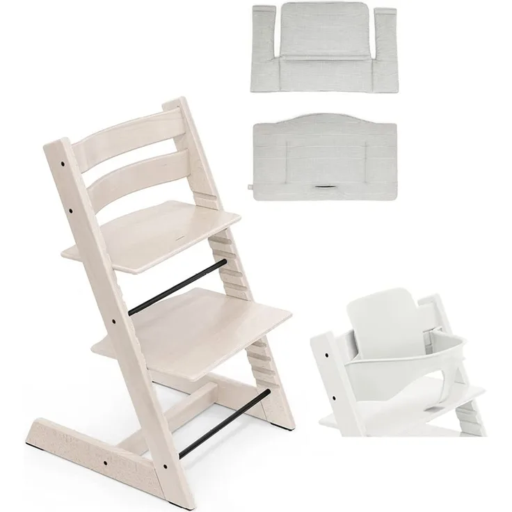 Stokke Tripp Trapp Hochstuhl mit Classic Kissen und Gratis Babyset Whitewash, Nordic Grey OCS