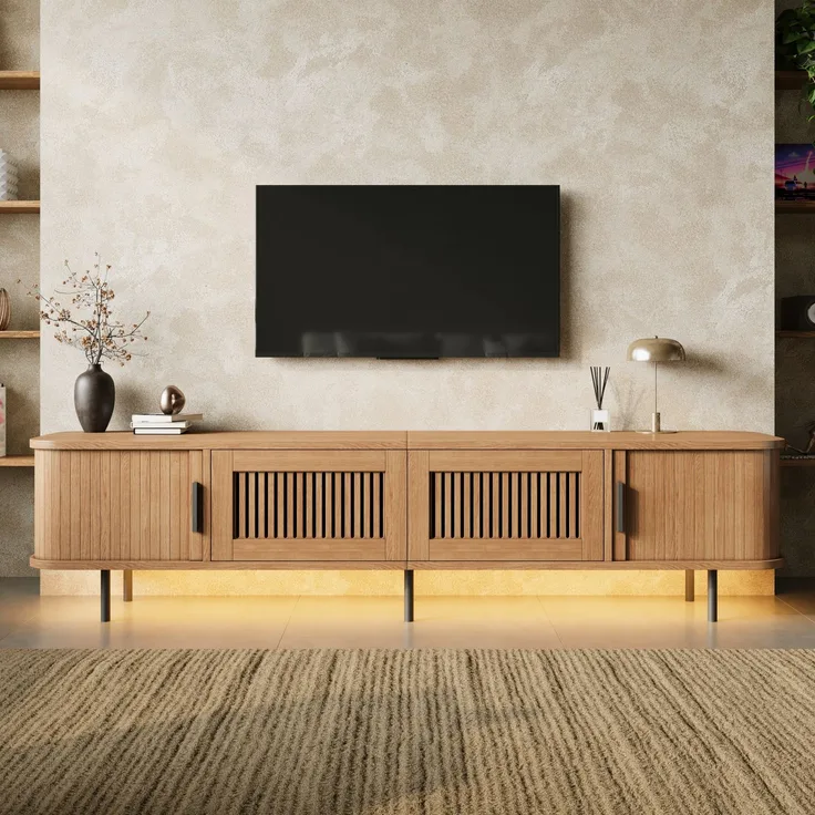 TV-Lowboard 180 x 40 x 44,5 cm aus MDF und PB mit Schiebetüren, Schubladen und LED-Beleuchtung