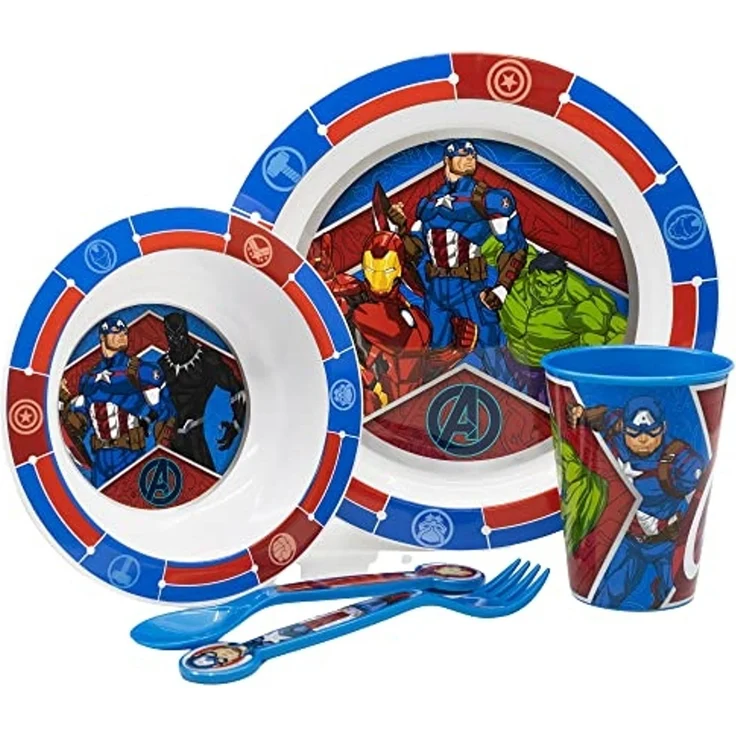 Kunststoff Kindergeschirr Set Motiv (5 tlg.) Schüssel, Teller, Becher & Besteck MARVEL Avengers – Bild 1