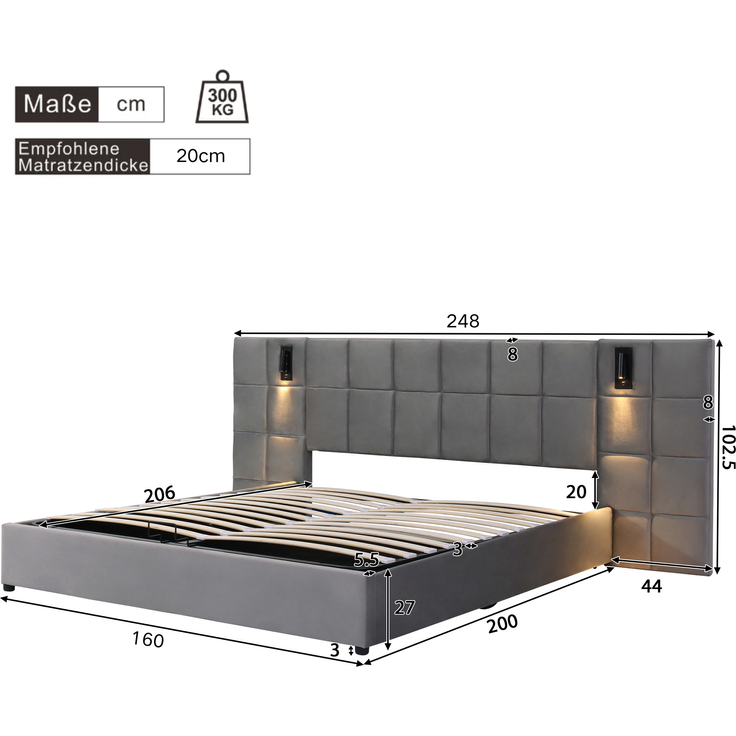 Polsterbett 160x200 cm mit Hydraulik, Leselicht & USB, Grau Samt, Karomuster – Bild 10