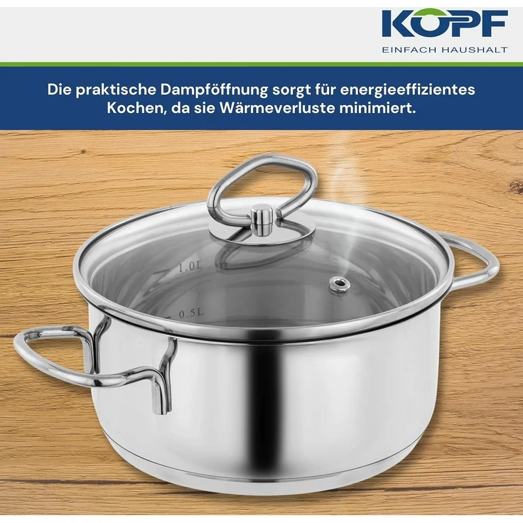 Kopf Topf-Set Merkur 4-teilig, Edelstahl (4-tlg), Induktionstöpfe mit Schüttrand, Literskala und Glasdeckel – Bild 7