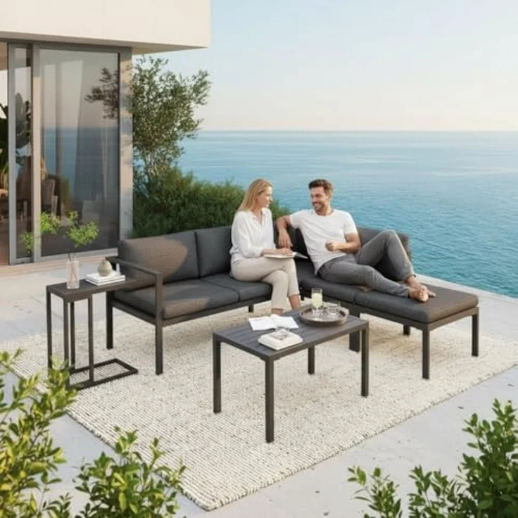 Melko Sitzgruppe Ecklounge Aluminium Beistelltisch Hocker Sitzgruppe wetterfest Grau, (UV-Beständigkeit, 5-tlg, Möbelset Anthrazit), Inkl. praktischen Beistelltisch, Hocker und wasserabweisenden Kissen – Bild 2