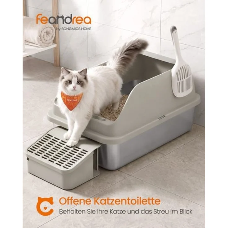 FEANDREA Katzenklo, Katzentoilette, mit hohen Seitenwänden, geräumig, Schaufel, Bürste, kaffeebraun – Bild 2