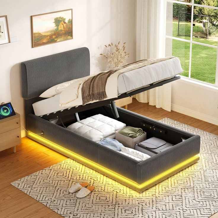 Polsterbett, Cord-Samt mit LED & USB-Anschluss, Stauraum, 91x207x102/107/112 cm, Dunkelgrau, ohne Matratze – Bild 1