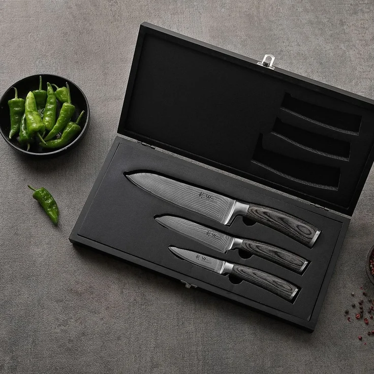 Wakoli Messer-Set EDIS 3er Damastmesser-Set I Holzbox I 8-17cm Klinge I Pakkaholzgriffe (Damastmesser mit Holzbox, 3-tlg), 67 Lagen Damaststahl, VG-10 Stahlkern – Bild 3