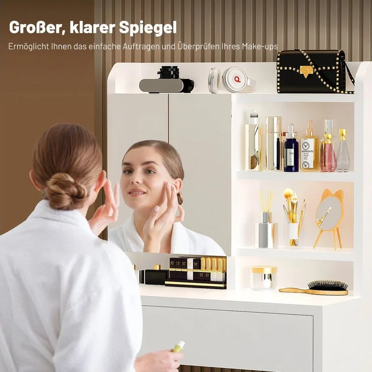 oyajia Schminktisch Frisiertisch mit Spiegel (verstellbare Ablagen), 1 Schubladen, 4 offene Fächer, Modern – Bild 3