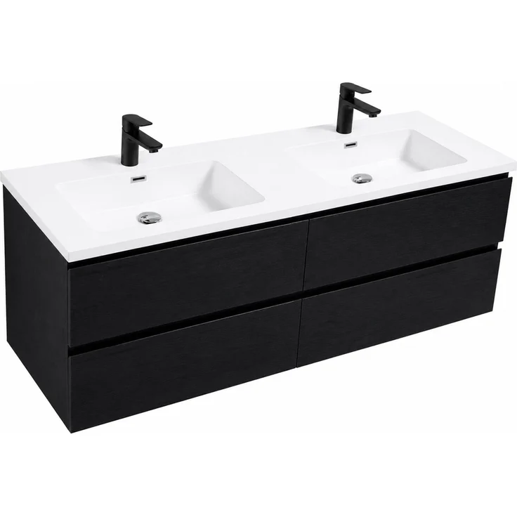 Badplaats Badmöbel Set mit Waschbecken und Unterschrank Angela 140 x 48 cm Schwarz Holz - Waschbeckenunterschrank mit Soft-Close und Doppelwaschbecken, Vorgemontiert – Bild 2