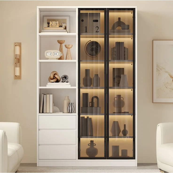 Vitrine 100 x 35 x 160 cm in Mattweiß mit Glastüren, LED-Beleuchtung und Schubladen – Bild 3