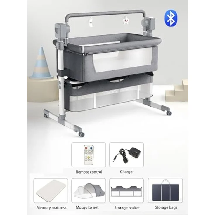 Magic ZC Elektrische Bluetooth Intelligent Beistellbett Baby mit Rollen, Faltbar Co-Sleeping Babybett, Fernbedienung und 5-schwankende Zahnräder, Stubenwagen Kleinkind Wiege mit Musik (601 Mid Grey) – Bild 2