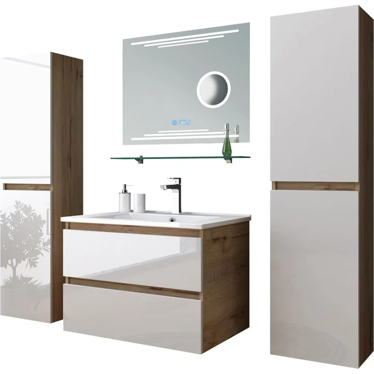 Homeline Badmöbel Set Eiche/Weiß Leonard Hochglanz 60 cm Spiegel incl LED (60, 6, 2X Seitenschränke) – Bild 2