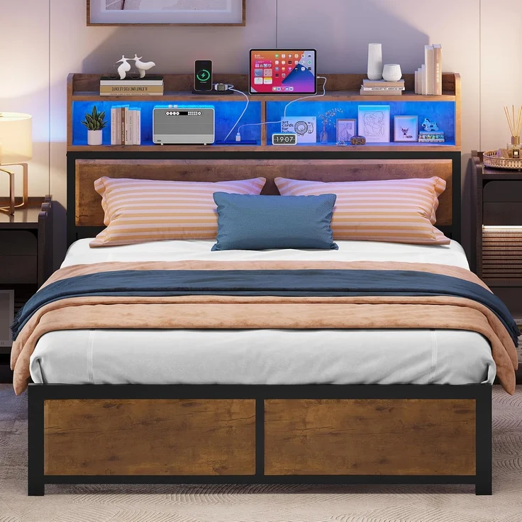 YITAHOME Bettrahmen, LED mit Kopfteil, USB-Anschlüssen und Ladeanschlüssen, Metall-Plattform-Bettrahmen mit 2 Ablagen, kein Boxspringbett erforderlich, Super-King-Size-Größe, Holzfarbe – Bild 1
