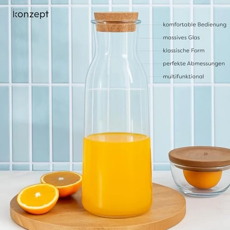 KONZEPT Wasserkaraffe Glaskaraffe mit Korkdeckel, 1 Liter, (Karaffe ideal für Wasser, 1-tlg, Saft, Limonade), ideal für Wasser, Saft, Limonade, Coctails und Milch – Bild 5