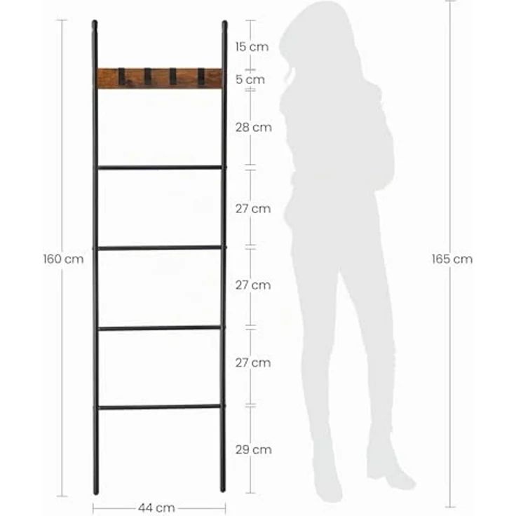 Vasagle Leiterregal schräg, Handtuchhalter, 5 Ebenen, 44x160 cm, platzsparend, Stahlrahmen, 4 Haken, für Decken, Handtücher – Bild 6