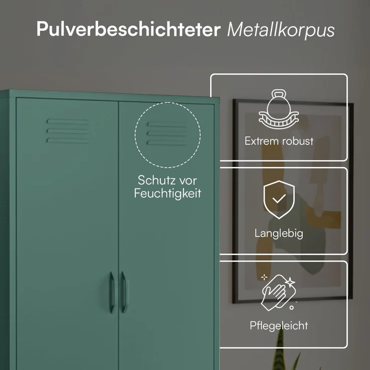 skølm 'Atria' Kleiderschrank mit 3 Schubladen, Metall, 170x45x80 cm, dunkelgrün, Garderobe mit 4 Fächern und 2 Kleiderstangen – Bild 4