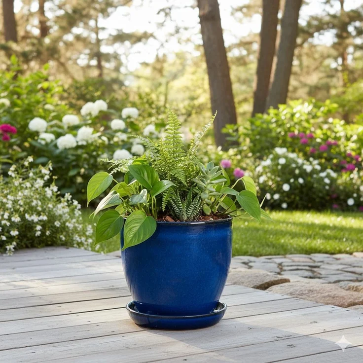 Blumentopf aus Keramik Modell "EggPot" 27cm Royal Blau mit Teller – Bild 4