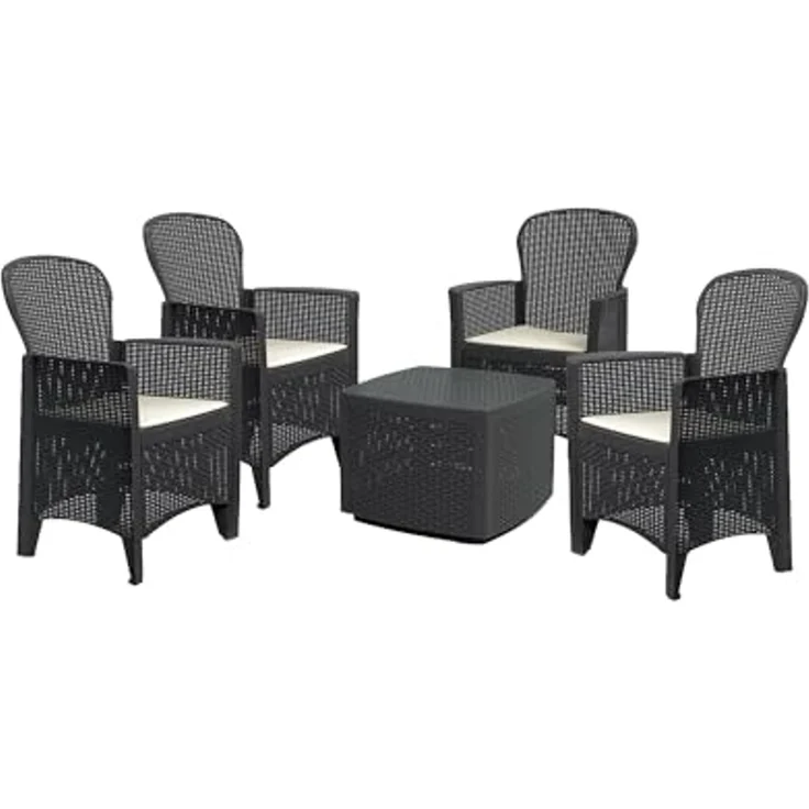 Dmora - Outdoor Lounge Set Anagni, Outdoor oder Indoor Lounge Set, 4 Sessel mit Armlehnen und einem Ablagetisch, Made in Italy, Anthrazit – Bild 1
