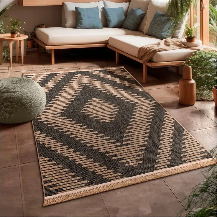 Paco Home Teppich Cologne 494, rechteckig, Höhe: 11 mm, Flachgewebe, meliert, Rauten Motiv, mit Fransen, Outdoor geeignet